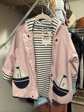 Batela 3T Pink Raincoat with Navy Sailboat Pockets striped lining